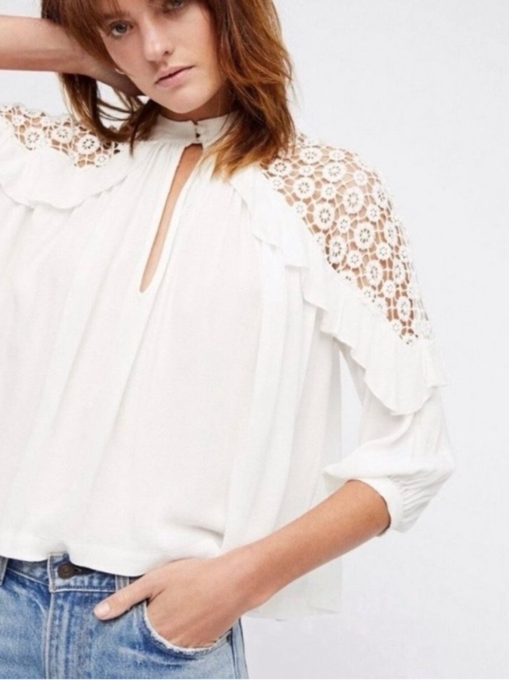 Free People Ivory Lace Shoulder Ruffle Blouse